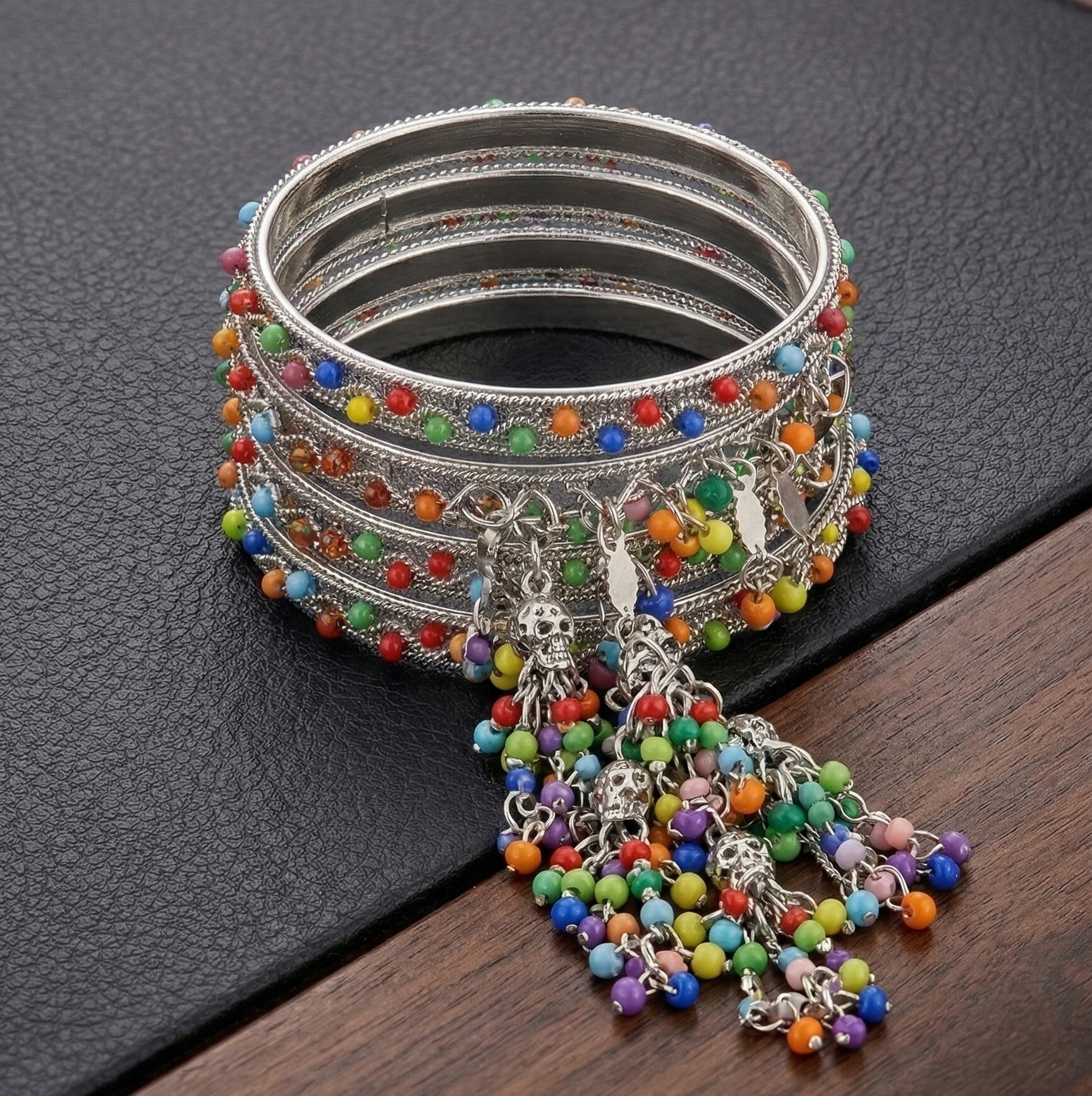Silver Boho Multicolor Charm Bangles (Set of 4)