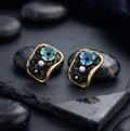 Abstract Floral Stone Stud Earrings with Pearl Accents