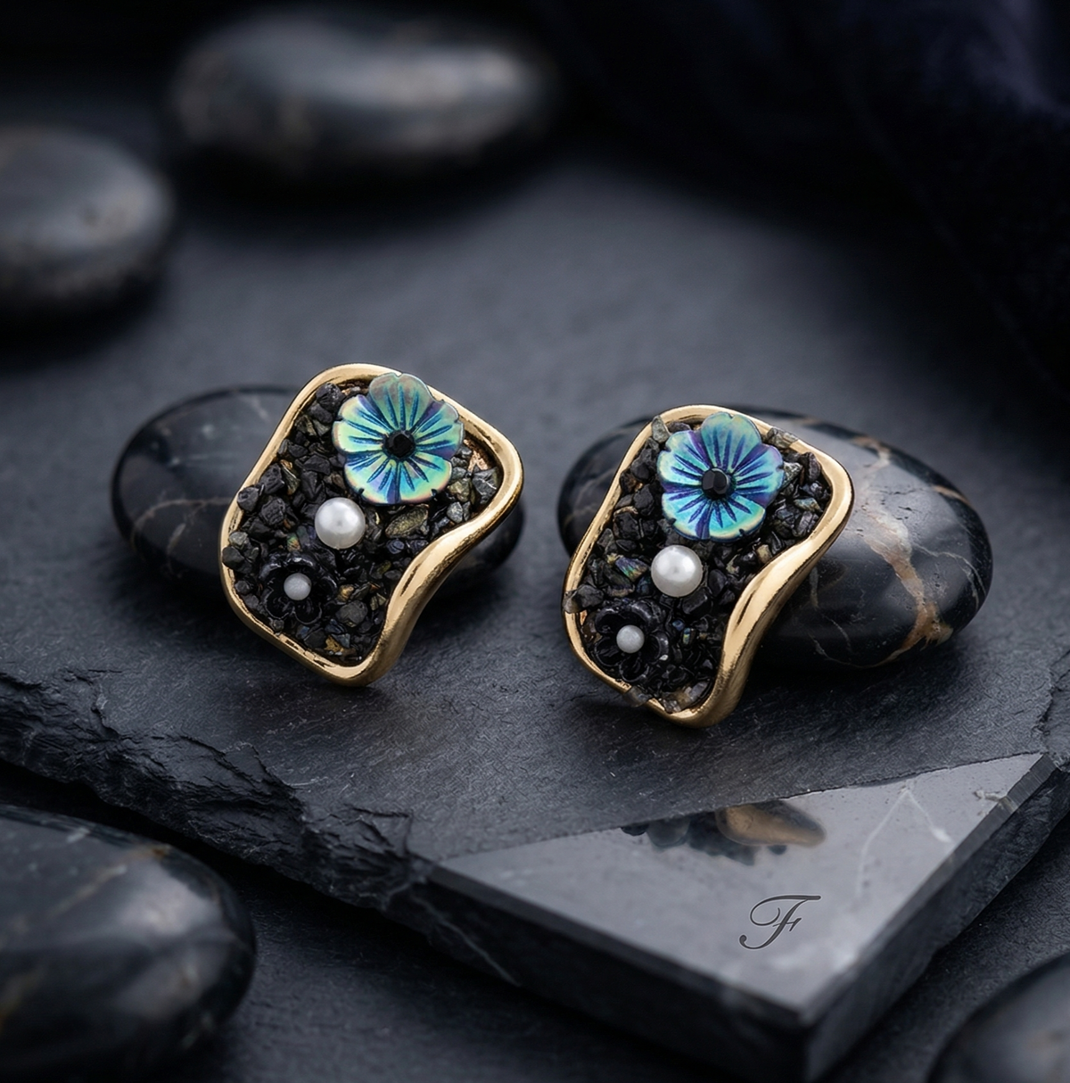 Abstract Floral Stone Stud Earrings with Pearl Accents