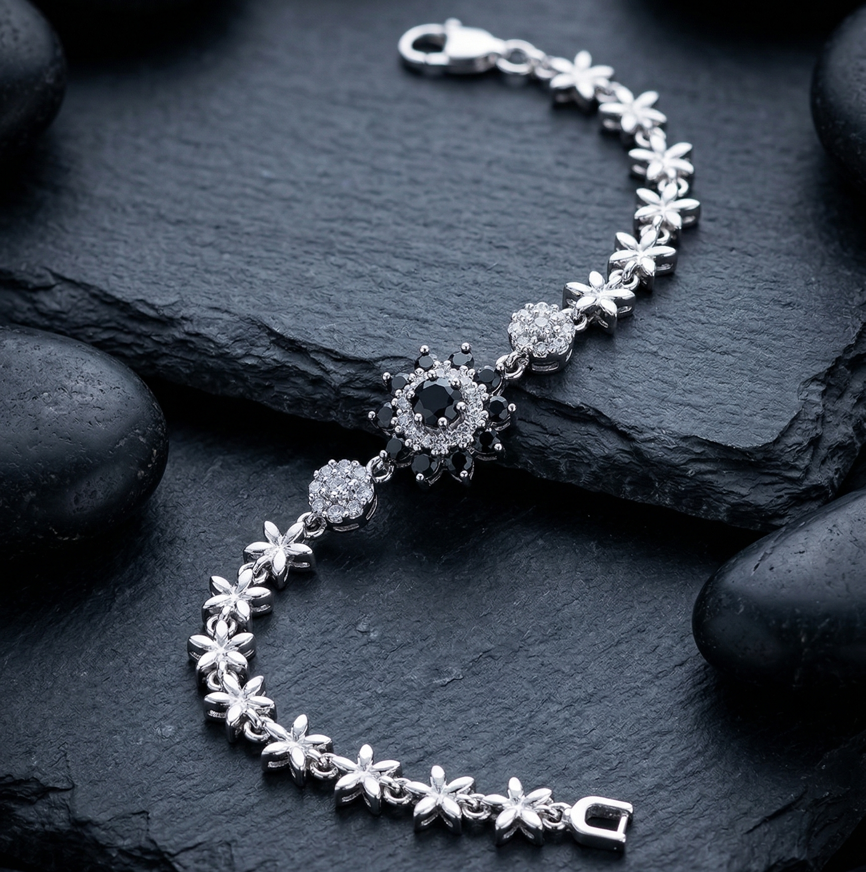 Silver Floral Crystal Bracelet with Black Stone Centerpiece