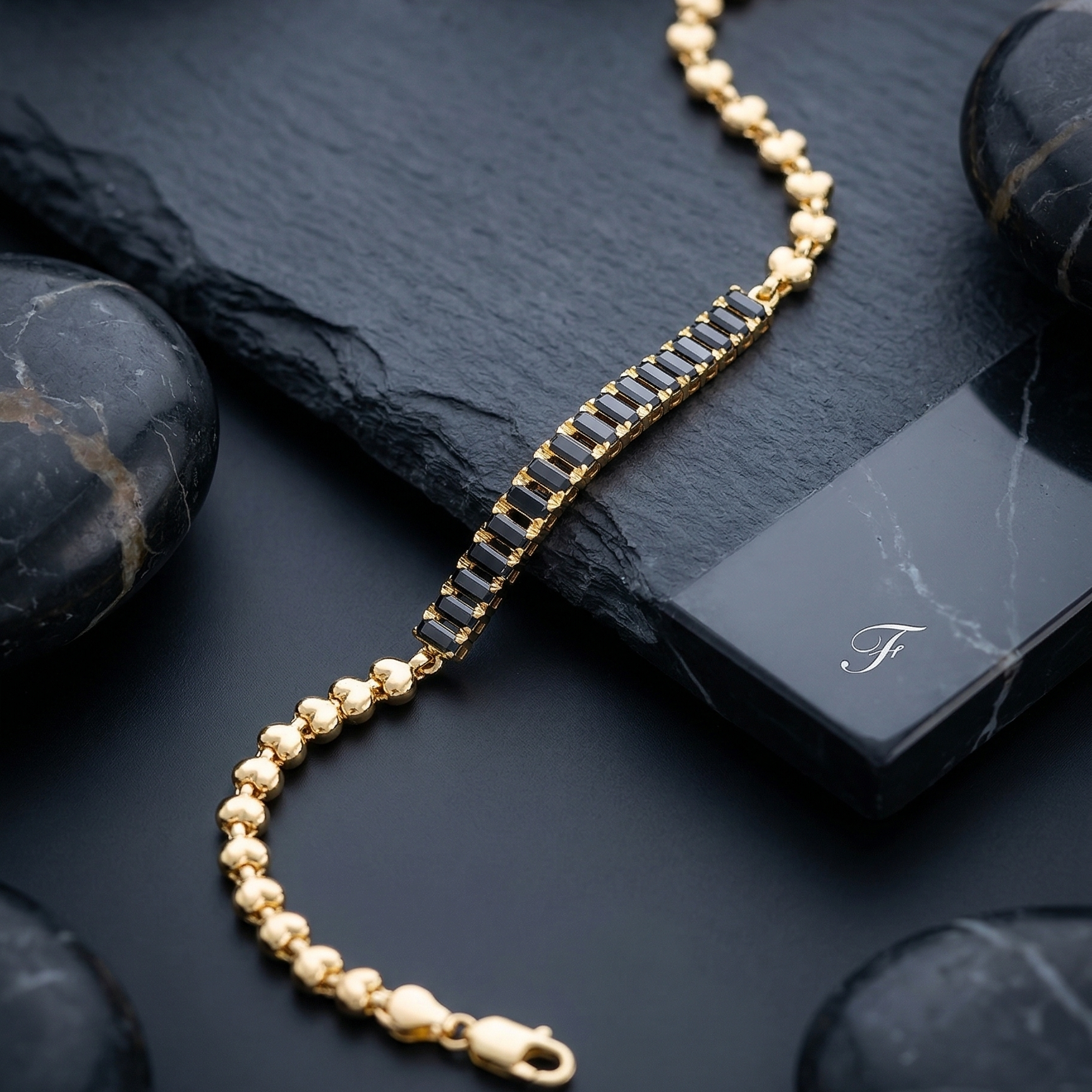 Gold & Black Stone Bar Bracelet