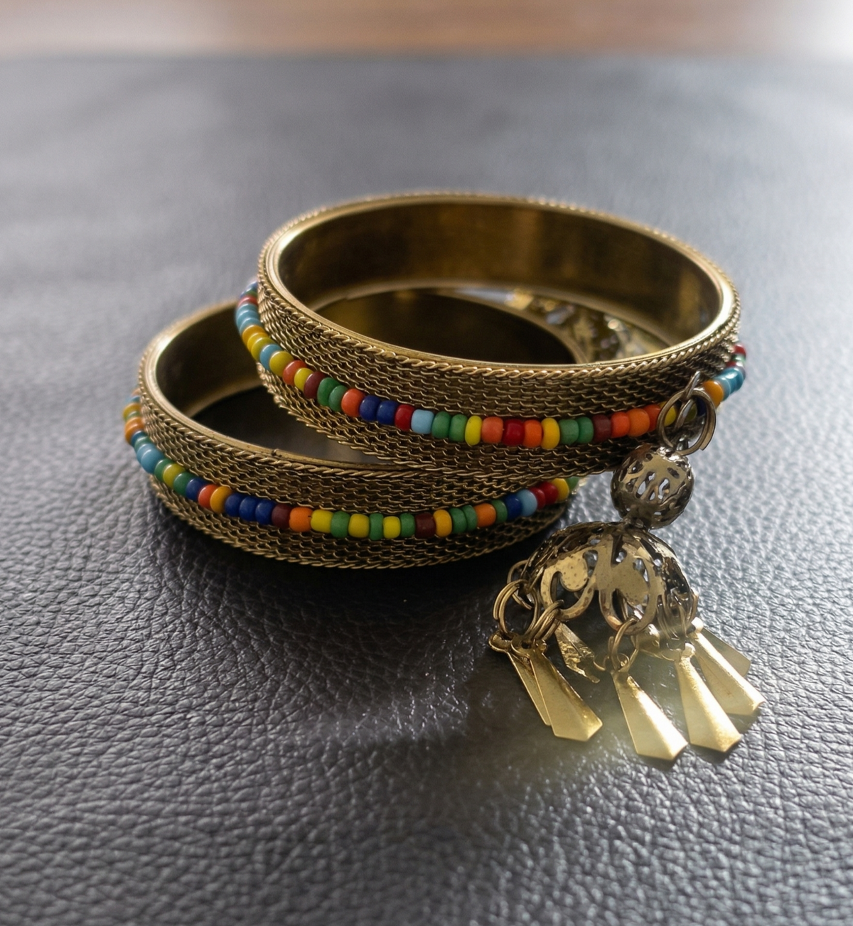 Boho Gold Beaded Charm Bangles (Set of 2)