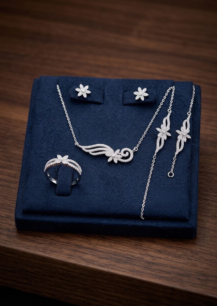 Floral Silver Crystal Jewelry Set