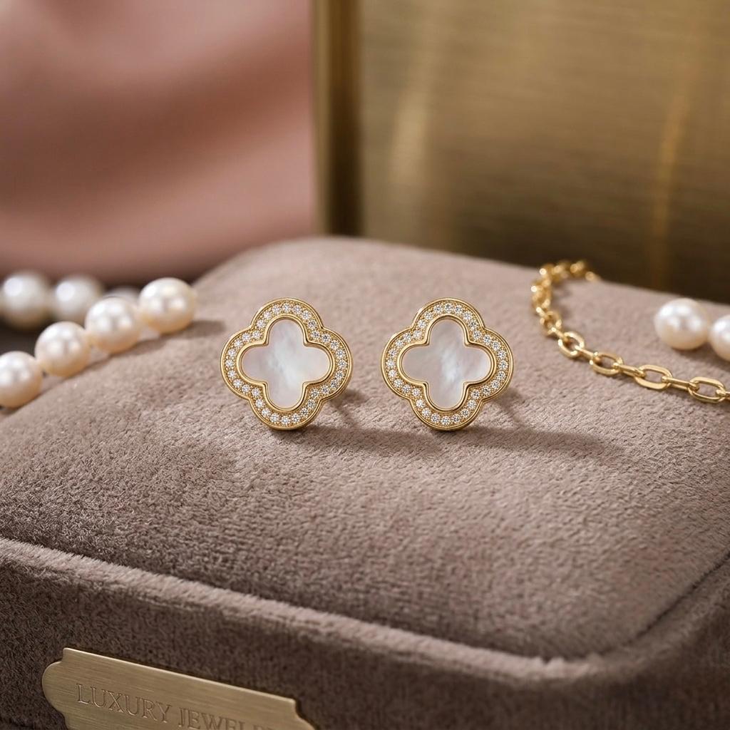 Gold Clover Pearl Stud Earrings