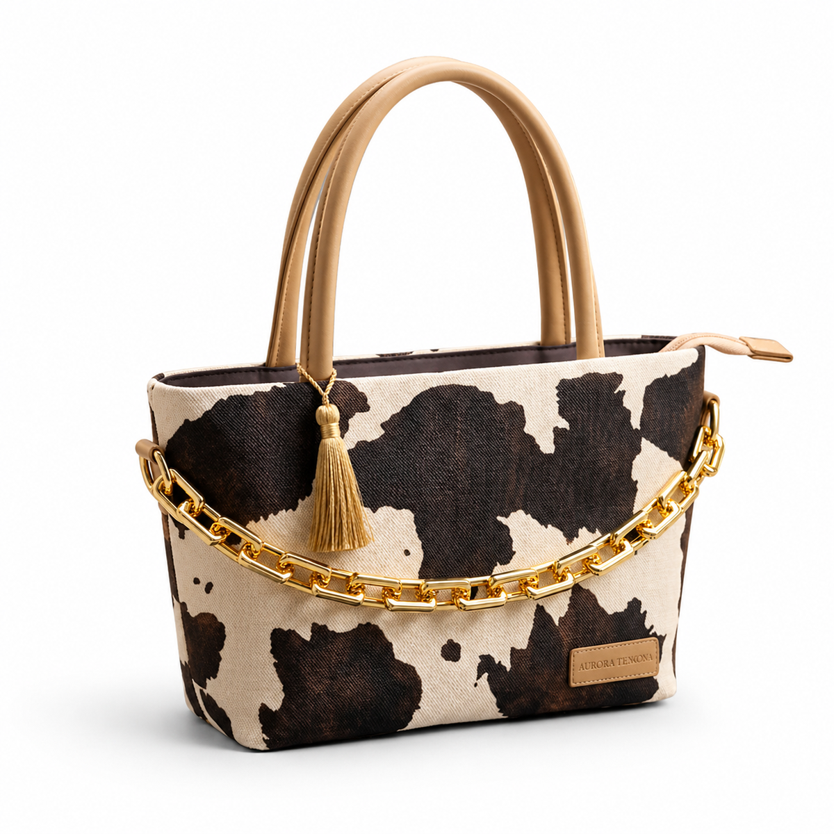 Trendy Cow Print Mini Tote Bag with Chain